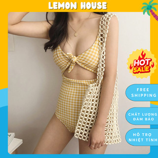 Đồ bơi nữ caro vàng liền, bikini liền thân sexy