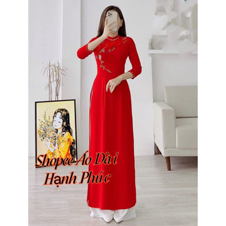 Áo dài đỏ vải lụa mỹ cổ 2 cm thêu hoa hồng