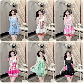 Đồ bộ Pyjama nữ đùi 2 dây lụa xước thiết kế in 5D cao cấp