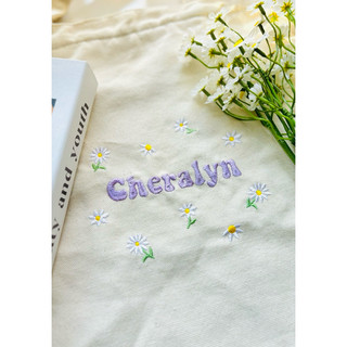 Túi tote thêu tên theo yêu cầu, kèm họa tiết hoa lá dễ thương, vải canvas, túi tote nữ
