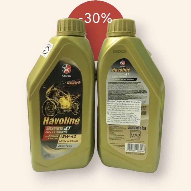 Dầu tổng hợp 100% xe số CALTEX Havoline Sae 5w40 SN MA2 1 Lít FULLY SYNTHETIC toàn phần nhớt mẫu mới
