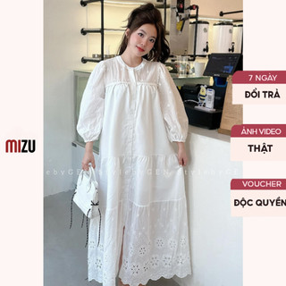 Váy Babydoll Trắng Hoa Thêu Dài Tay Cổ Tròn - Đầm Dáng Suông Midi Cài Khuy Viền Ren Có Bigsize - Vải Boi 2 Lớp PL