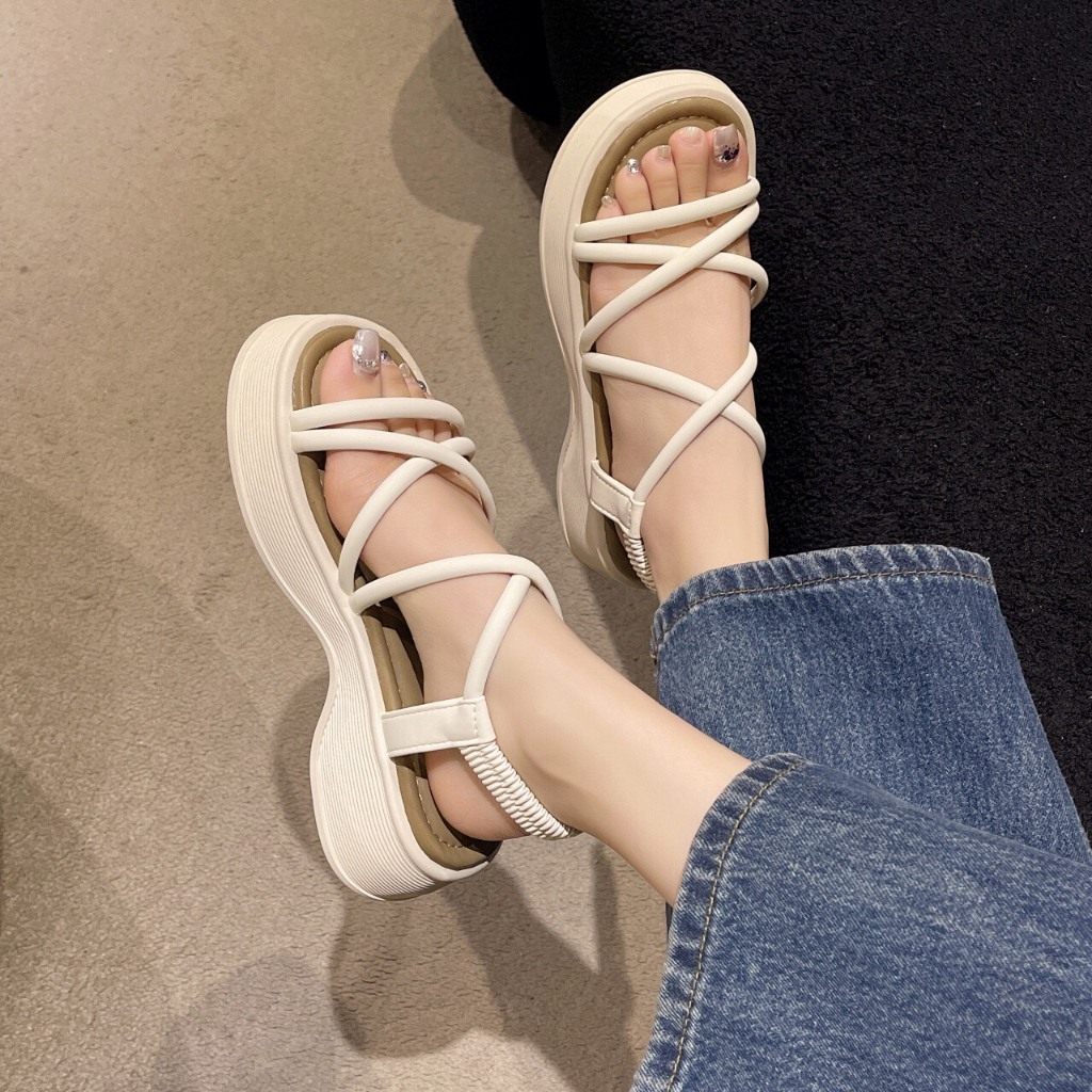 ( chân to dày tăng 1 sz) Giày sandal dép quai hậu nữ thiết kế dây da mảnh đế gân đúc dập khâu 4 cm quai bo chun HIPPY