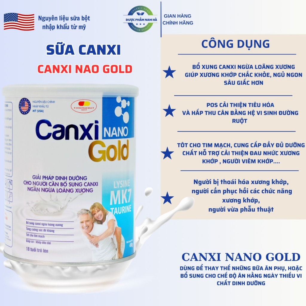 Sữa Bột Canxi Nano Gold Cho Người Lớn Tuổi Hỗ Trợ Chắc Khỏe Xương Khớp Canxi Nano Gold Chính Hãng