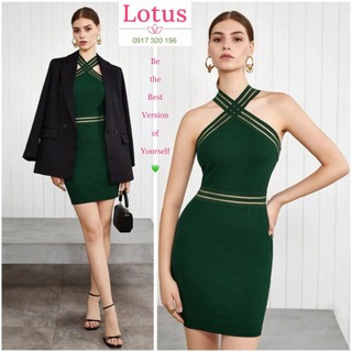 [Lotus] Đầm Yếm đẹp, màu xanh Forest Green sang trọng/ Đầm Body Cổ Yếm Đan Dây, phối lưới, thiết kế ấn tượng