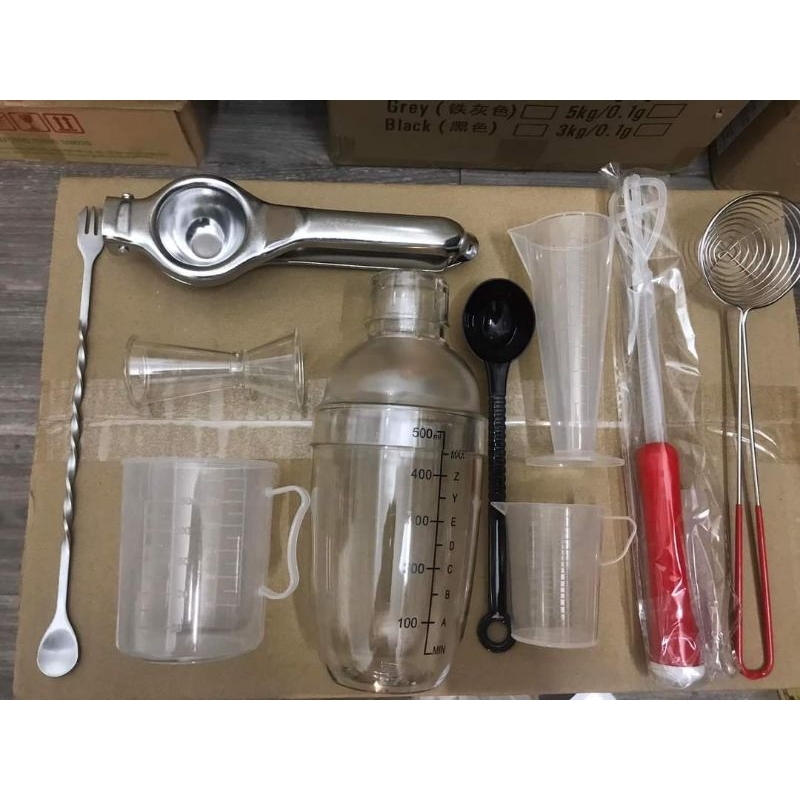 Combo bộ dụng cụ pha chế trà chanh trà sữa cà phê 10 món shaker 500ml kẹp chanh ca 250ml ....