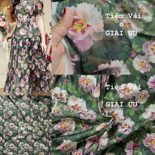 Vải tơ óng nền đen cành hoa hồng tím - khổ 1,5m