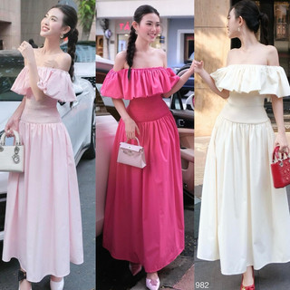 Đầm tuyết mưa thiết kế trễ vai tay ngắn xoè phối chun nhún eo dáng dài xoè