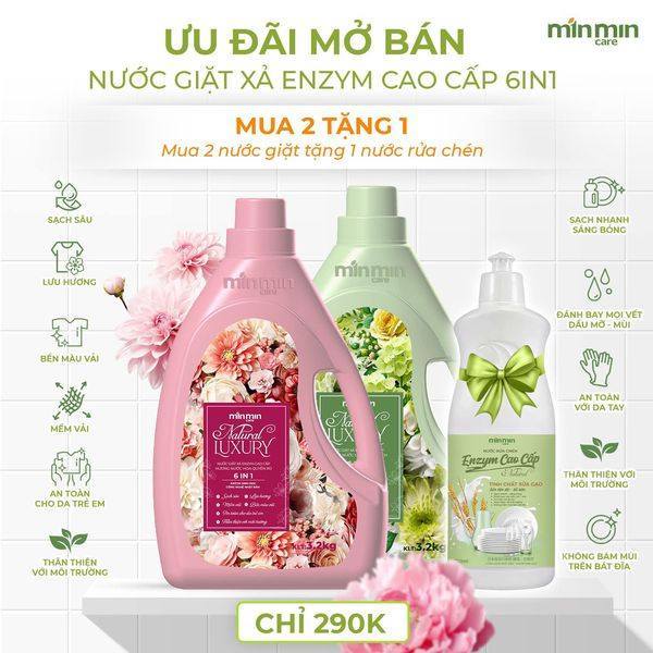 Nước giặt xả enzym cao cấp Min Min Care 2 can (6,4 lít) - Công nghệ Nhật Bản 6in1- Thơm dịu ,mềm vải