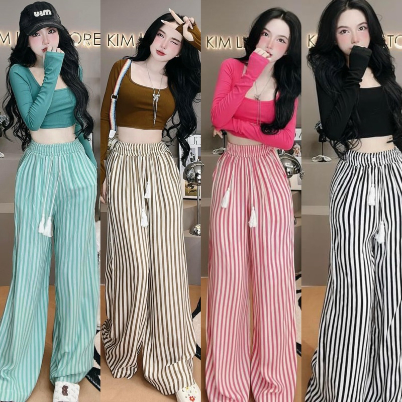 Set Bộ Áo Thun Tăm Cổ Vuông Tay Dài Croptop + Quần Ống Xuông Rộng Sọc Dọc Dây Tua