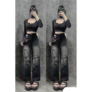 Baggy jeans ống suông nữ xám đen rách💋