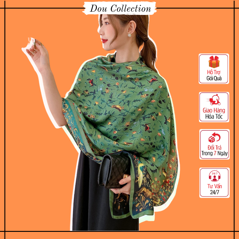 Khăn lụa vuông 110x110cm choàng cổ, Khăn quàng cổ cao cấp họa tiết rừng chim tone xanh sang trọng qu