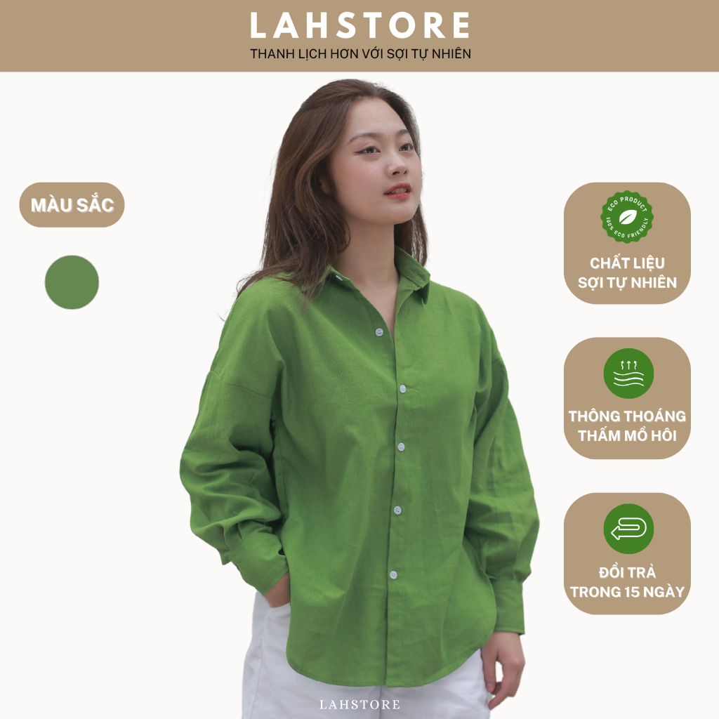 𝐋𝐢𝐧𝐞𝐧 𝐒𝐡𝐢𝐫𝐭 𝐀𝐒𝐌𝟎𝟏 - Áo sơ mi nữ LAHSTORE dài tay form rộng trễ vai vải linen (Xanh Lá)