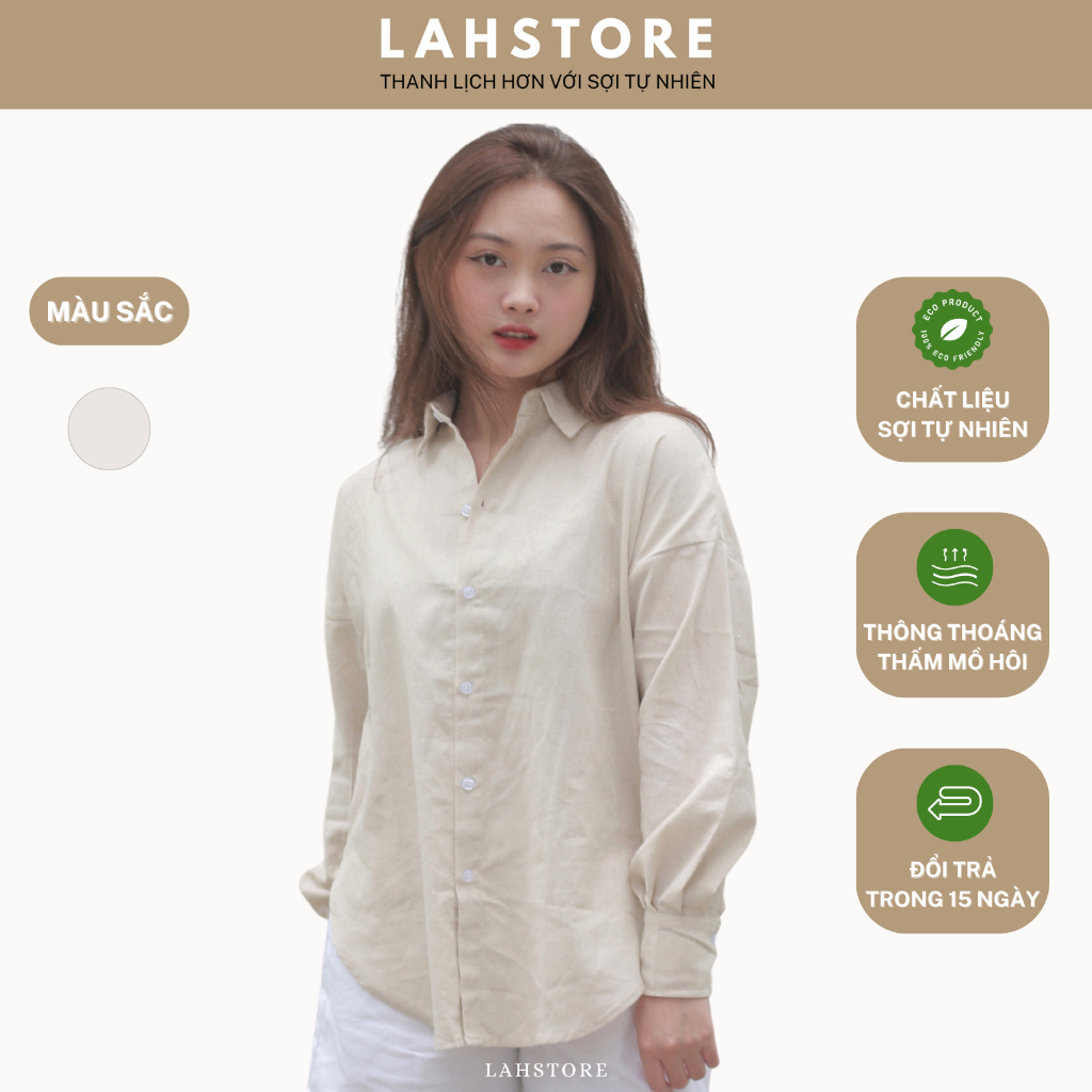 𝐋𝐢𝐧𝐞𝐧 𝐒𝐡𝐢𝐫𝐭 𝐀𝐒𝐌𝟎𝟏 - Áo sơ mi nữ LAHSTORE dài tay form rộng trễ vai vải linen (Be Muối Tiêu)