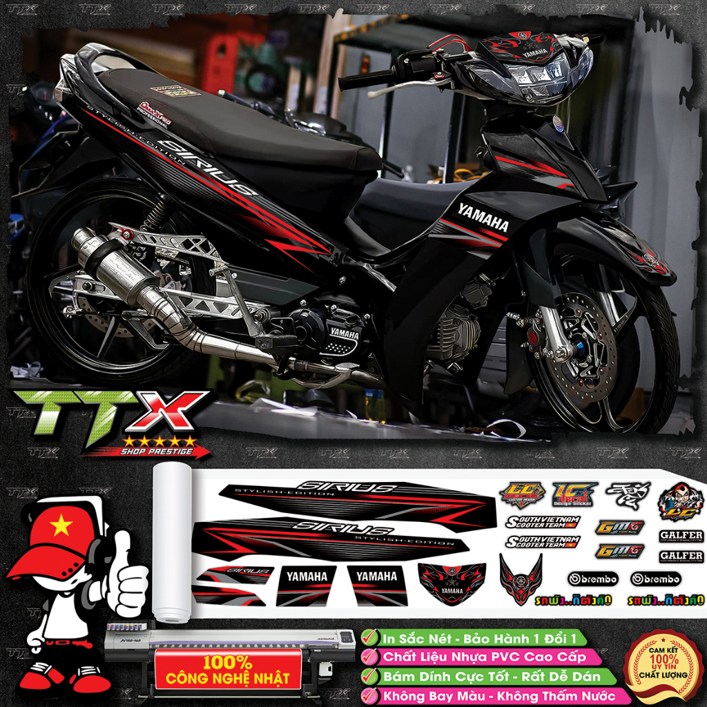 Tem sirius đen zin 2019 - mẫu team sirius dán xe đen phối nhiều màu đẹp bắt mắt chuẩn form 100% tự dán ko cần thợ(s100