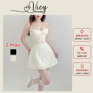 Đầm 2 dây ren phối nơ ngực dáng ngắn, váy dự tiệc thiết kế sang chảnh thanh lịch VICY RENNO02