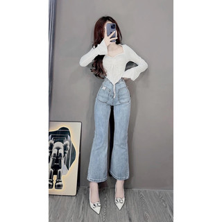 Set quần jeans ống loe túi trước + áo tay dài loe rút dây