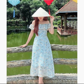 Váy trễ vai maxi 2 lớp ,đầm hoa, đi biển sang chảnh màu xanh ngọc Linstore thiết kế V17