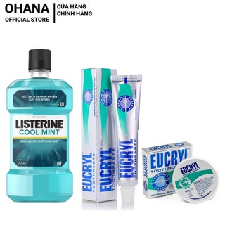 Combo Bột Tẩy Trắng Răng 50g + Kem Đánh Răng EUCRYL 62g + Nước Súc Miệng Listerine Coolmint 250ml