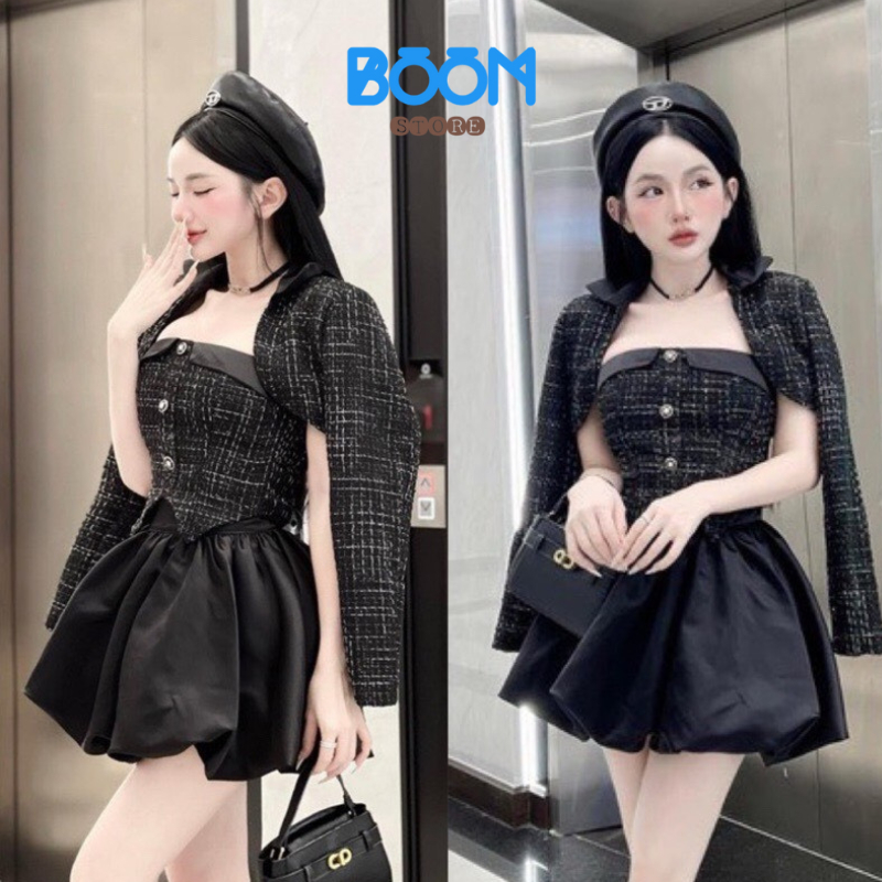 Set váy nữ áo khoác dạ croptop chân váy bí áo corset đính nút có mút