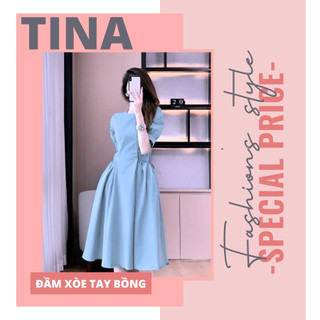 Đầm xòe tay bồng xếp ly ONLY, hai túi sườn dún miệng, vải co giãn mặc rất thoải mái, kiểu và màu xanh đá tây, dáng dài