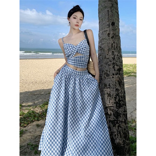 Váy Hai Dây Kẻ Xanh Caro Trẻ Trung