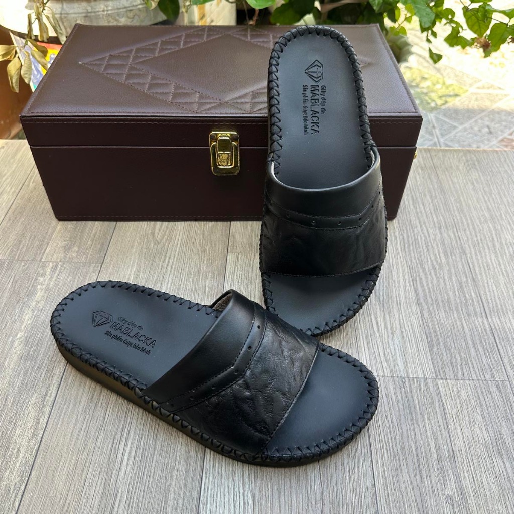 Dép da nam quai ngang da bò đẹp, đế cao 3cm, đế khâu tay thủ công chắc chắn - D305