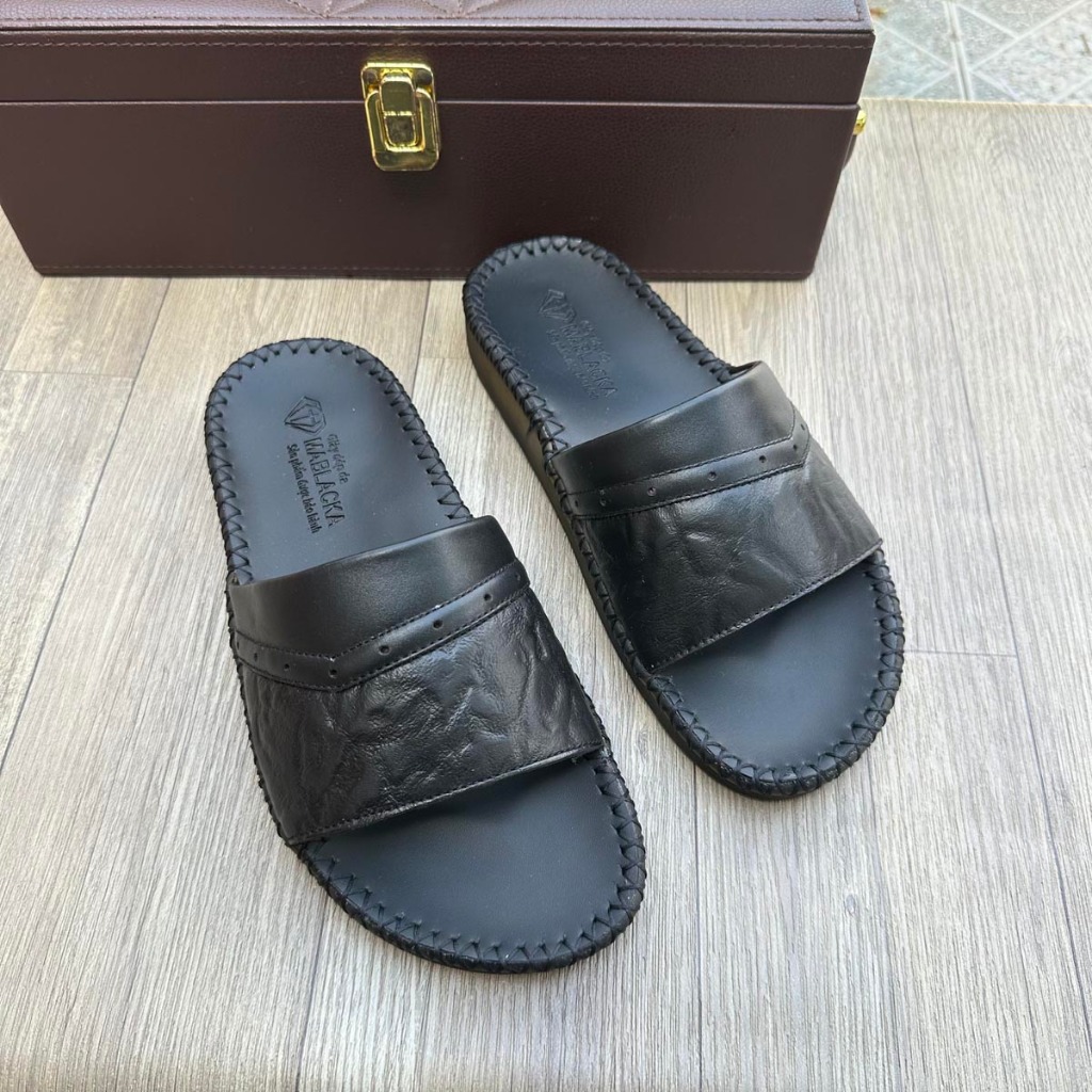 Dép da nam quai ngang da bò đẹp, đế cao 3cm, đế khâu tay thủ công chắc chắn - D305