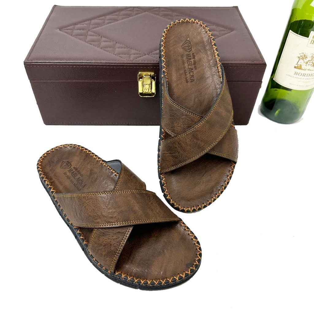 Dép da nam quai chéo da bò đế doctor cao 3cm,đẹp dành cho nam,trung niên hay công sở mang đều được - AT408