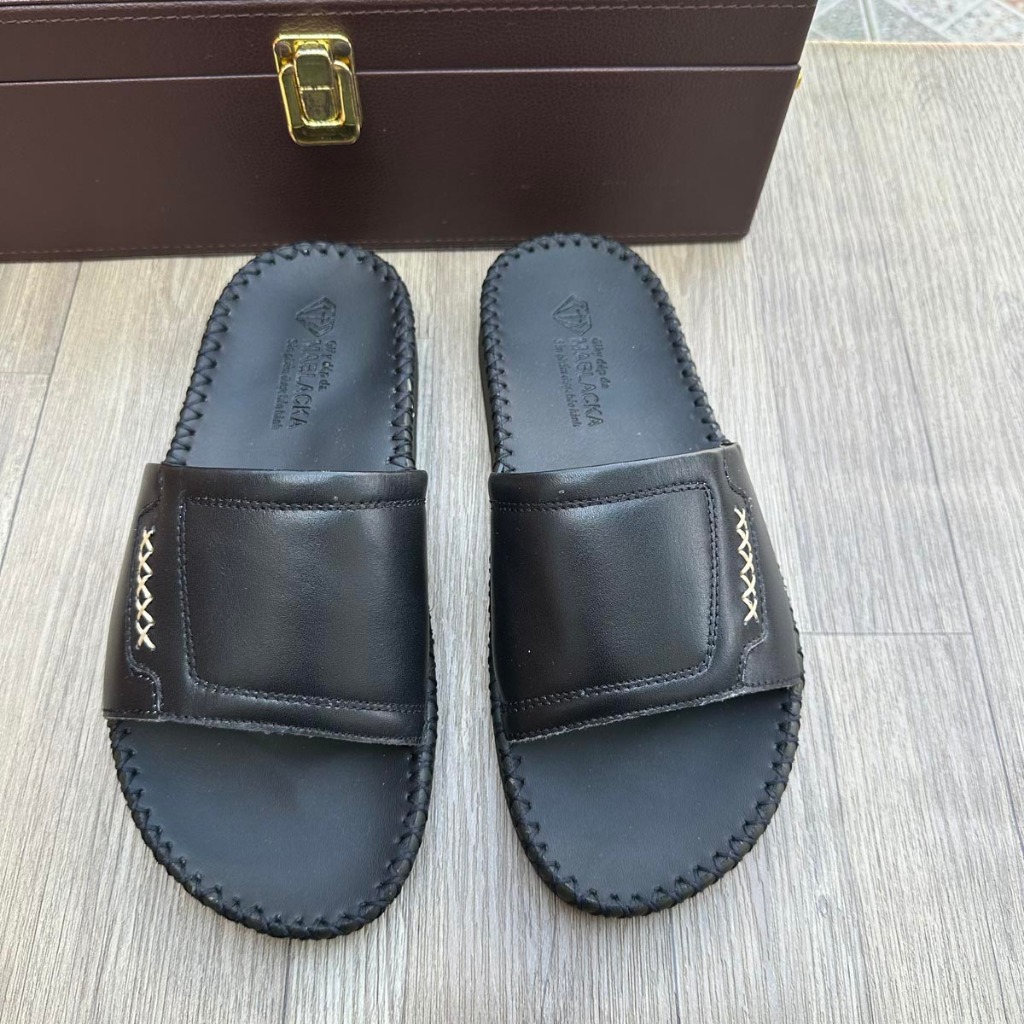 Dép da nam quai ngang da bò đẹp, đế cao 3cm, đế khâu tay thủ công chắc chắn - D305