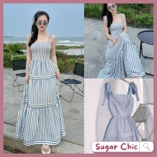 Đầm váy nữ maxi lụa sọc xanh dáng xòe họa tiết 2 dây cột nơ xinh xắn, tôn dáng cho các nàng đi chơi, đầm đi biển