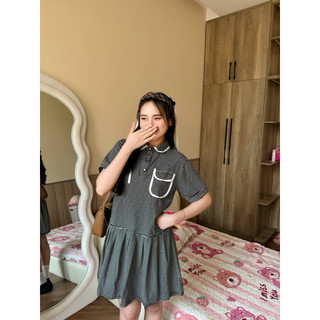 đầm thun cổ sen xếp ly phối viền