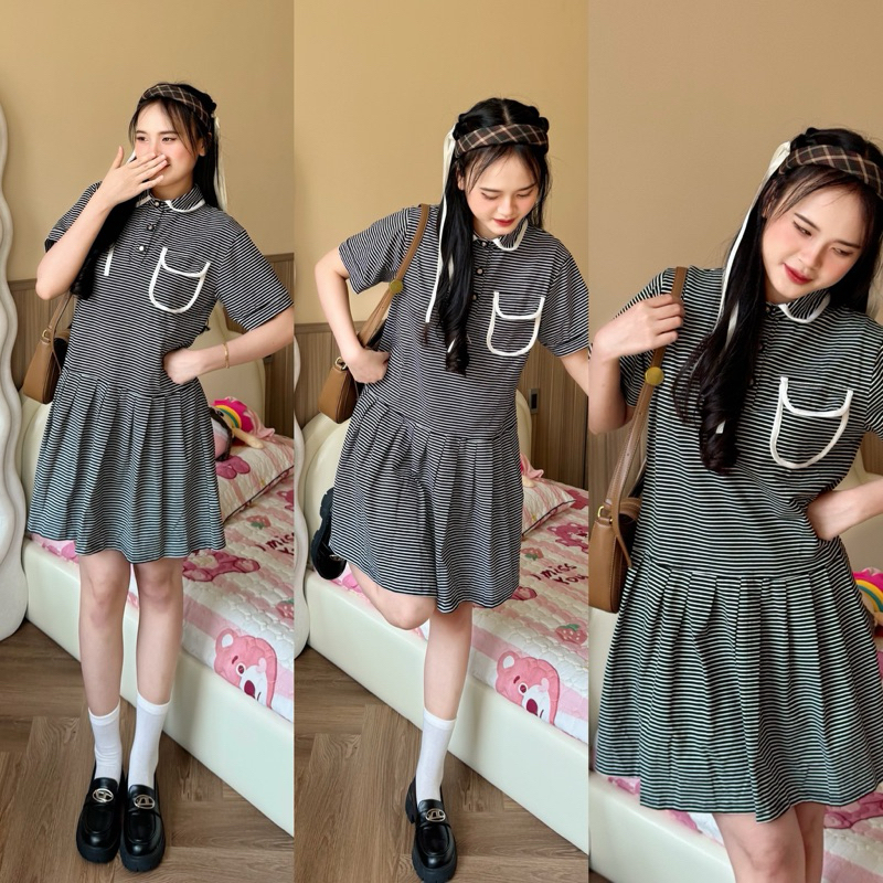 đầm thun cổ sen xếp ly phối viền