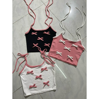 Áo hai dây viền dây đính nơ nổi croptop chất thun gân co giãn