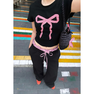 Red Gingham Ribbon Pants - Quần dài cạp thấp phối bèo cột nơ caro đỏ ở eo