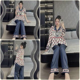 Đồ bộ Pyjama nữ thiết kế in 5D Hoạ tiết tim đỏ xanh lụa xước Sam cao cấp