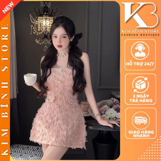 Váy Đầm Cúp Ngực Dạ Lông Vũ Đính Khuy Ngọc Sanh Chảnh - Kim Bình Store