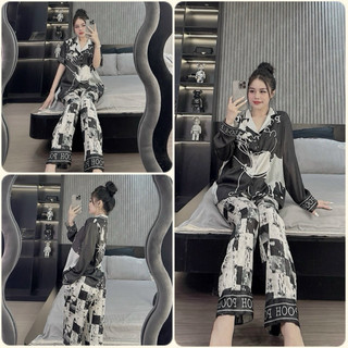 Đồ bộ Pyjama nữ thiết kế in 5D Gấu đen lụa xước Sam cao cấp
