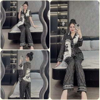 Đồ bộ Pyjama nữ thiết kế in 5D ngựa đen lụa xước Sam cao cấp