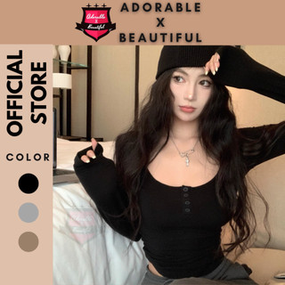 [Ảnh Thật] Áo Tay Dài Nút (Cố Định Ko Mở Đc), Áo Croptop Thun Trơn Cổ Tròn Form Lửng Y2k [AdorablexBeautiful]