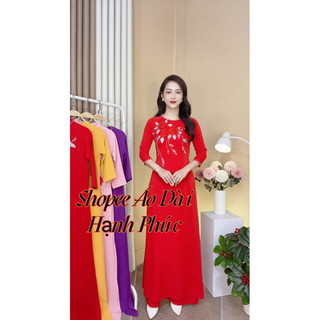 M1 set áo dài vải lụa mỹ màu đỏ tươi thêu hoa