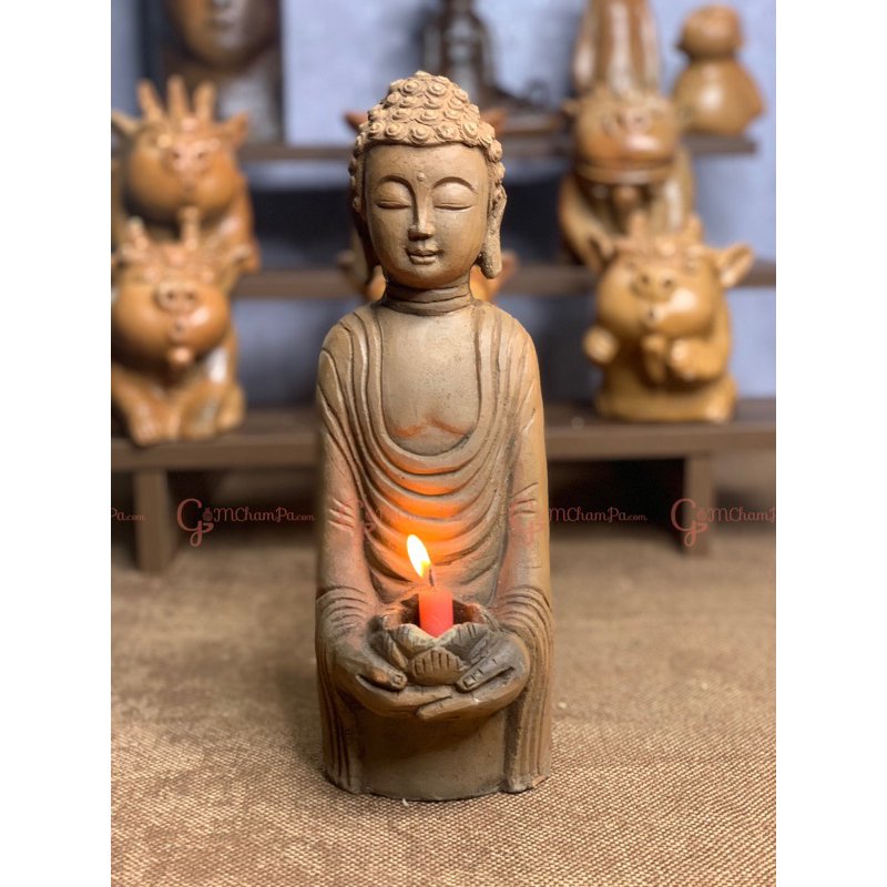 Tượng Phật ôm hoa sen gốm Chăm ninh thuận gốm bàu trúc size 30cm