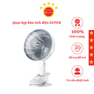 Quạt kẹp bàn tích điện SUPER, Quạt tích điện để bàn 3 tốc độ gió siêu mát có giá đỡ điện thoại bảo hành 12 tháng