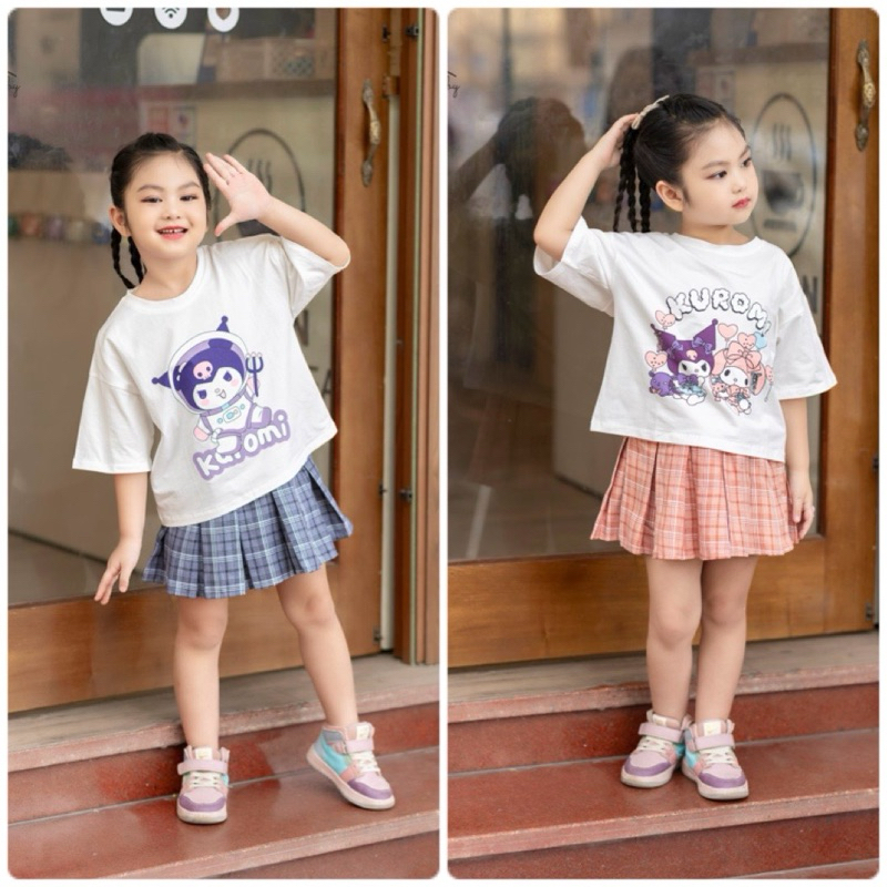 Set chân váy xếp ly phối áo cotton KUROMI cho bé gái size 2-10 (13-35kg), váy kuromi cho bé gái, váy