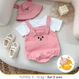 Set 3 món yếm kèm áo và nón cho bé nhiều màu, Đồ liền thân cho bé sơ sinh, TUTI152