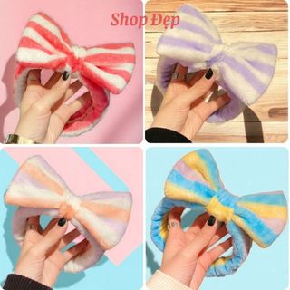 Băng đô - bờm cài tóc phủ lông hình nơ sọc nhiều màu xinh xắn