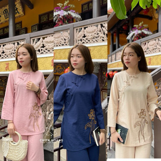 Set linen thun cổ tròn nút thắt đồ lam đi chùa