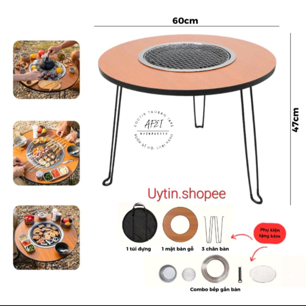 Bếp nướng than hoa dã ngoại camping mang đi du lịch, Bếp nướng than hoa gấp gọn ngoài trời để sân vườn tích hợp bàn trà