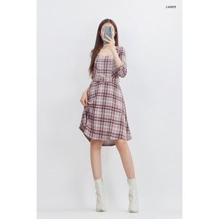 C4983 & c4999 - đầm caro cổ vuông phối thắt lưng