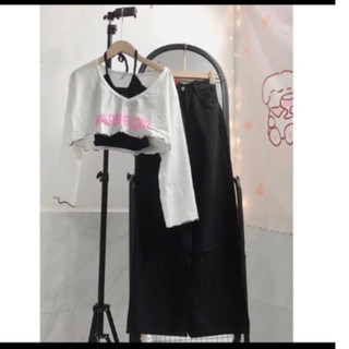 Set Baggy Jean Ống Suông Đen + Set 2 món croptop barbie girl